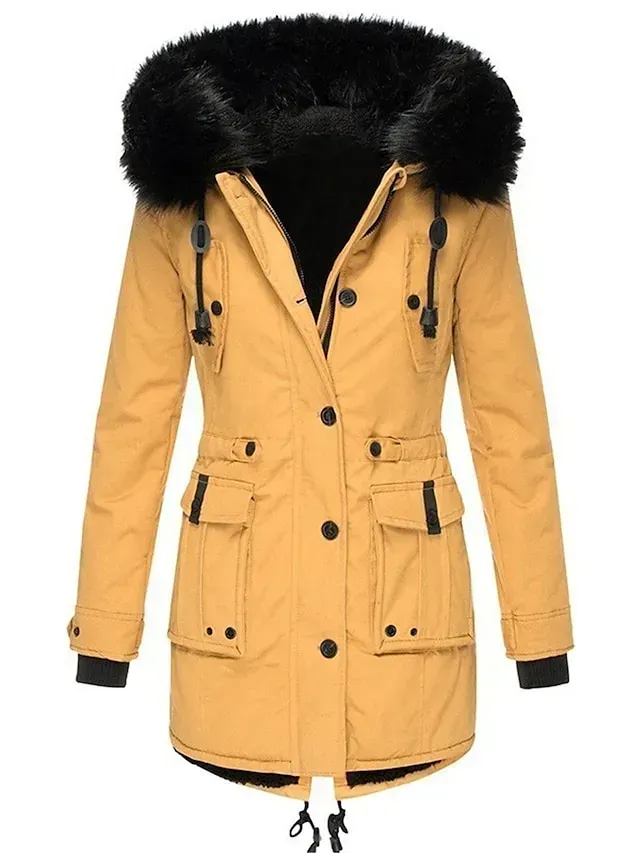 Women's Parka Winter Coat Mid-Length Puffer Jacket with Fur Collar Thermal Warm Heated Jacket Fleece Lined with Pockets Zip up Drwastring Hooded Outerwear Long Sleeve Fall Light Yellow Light Pink