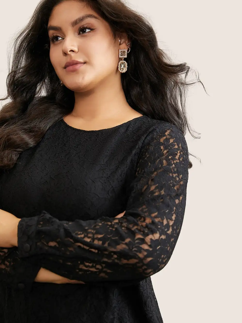 Solid Crochet Lace Mesh Crew Neck Blouse