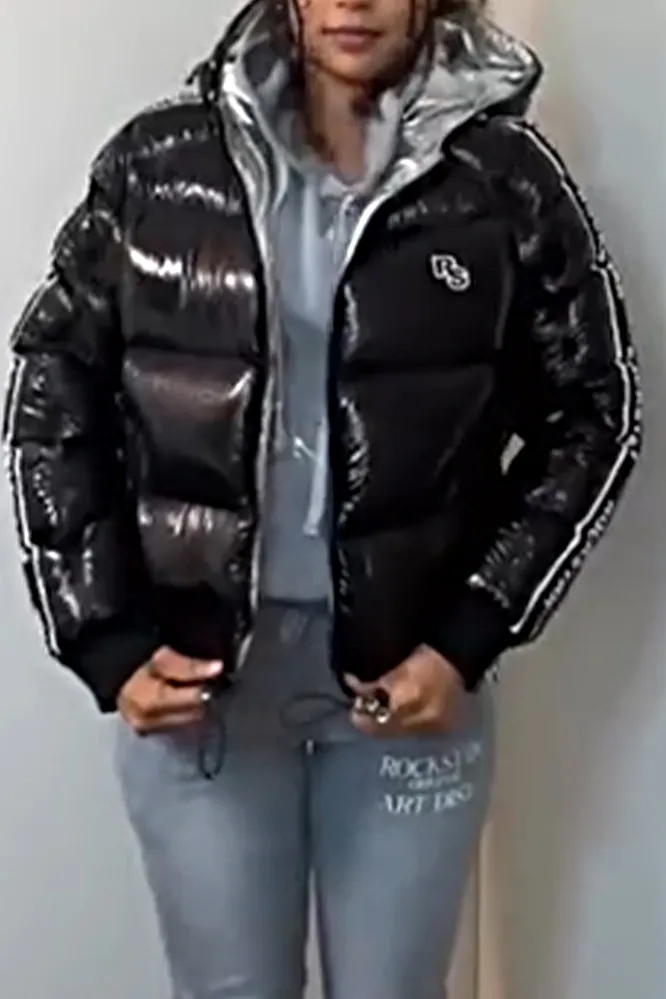 Women's patent leather glossy hooded down jacket