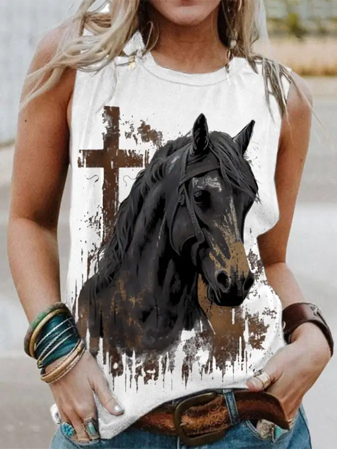 Women's Vintage Cross Horse Print Sleeveless Tank Top