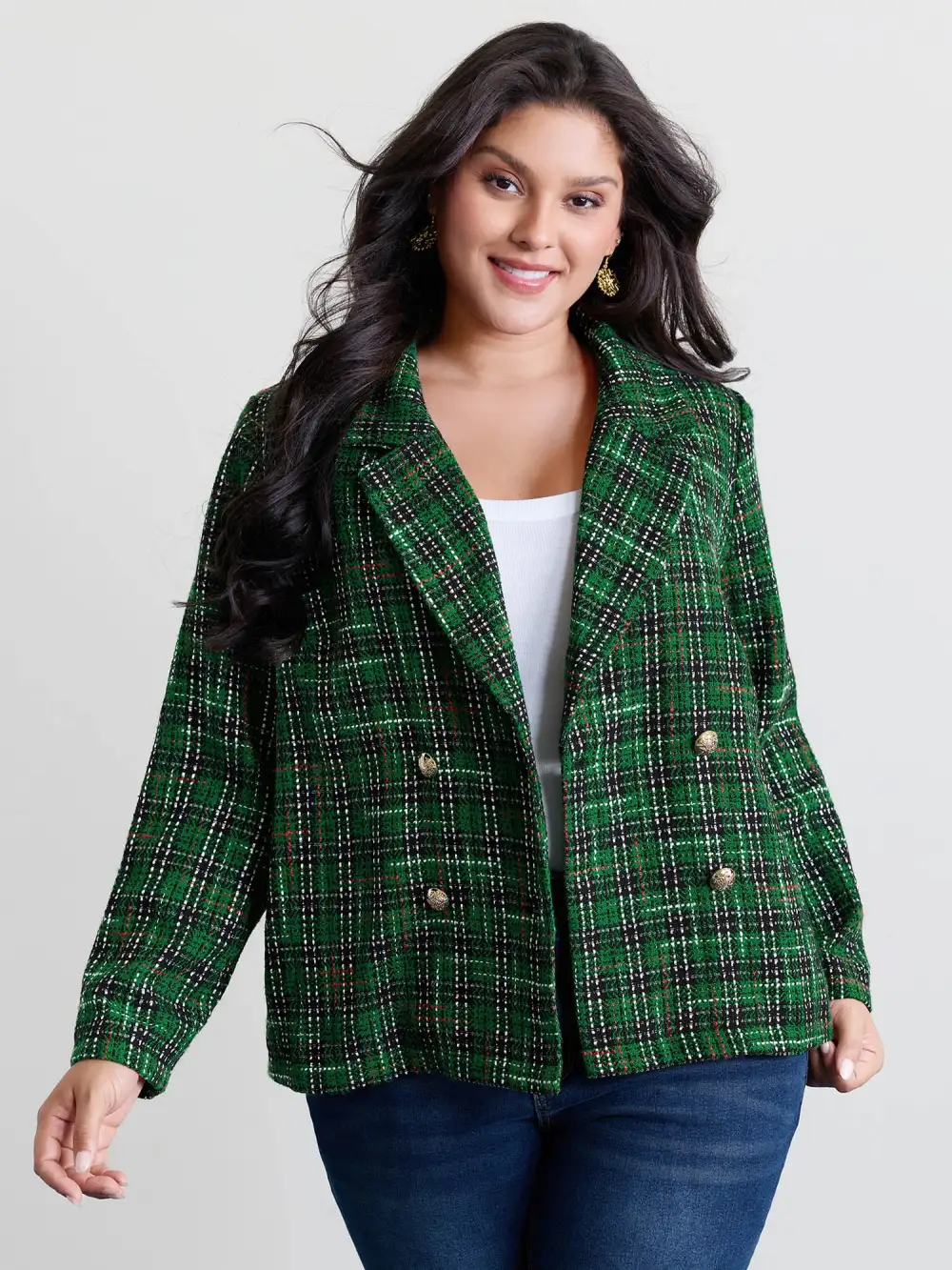 Tweed Plaid Double Button Jacket