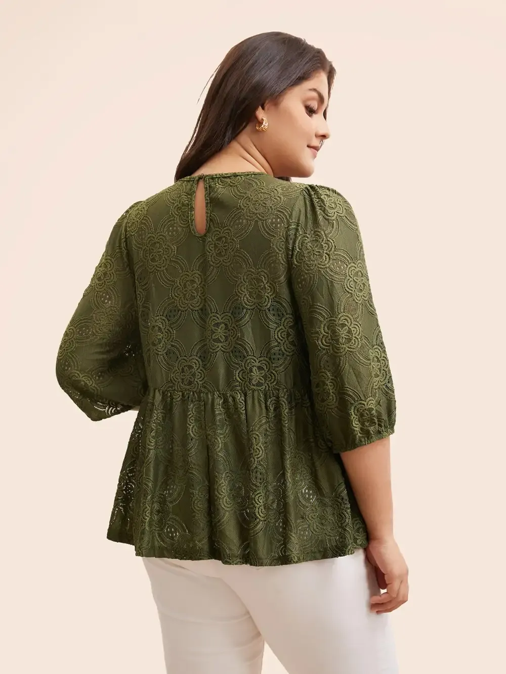 Crew Neck Crochet Lace Lantern Sleeve Blouse