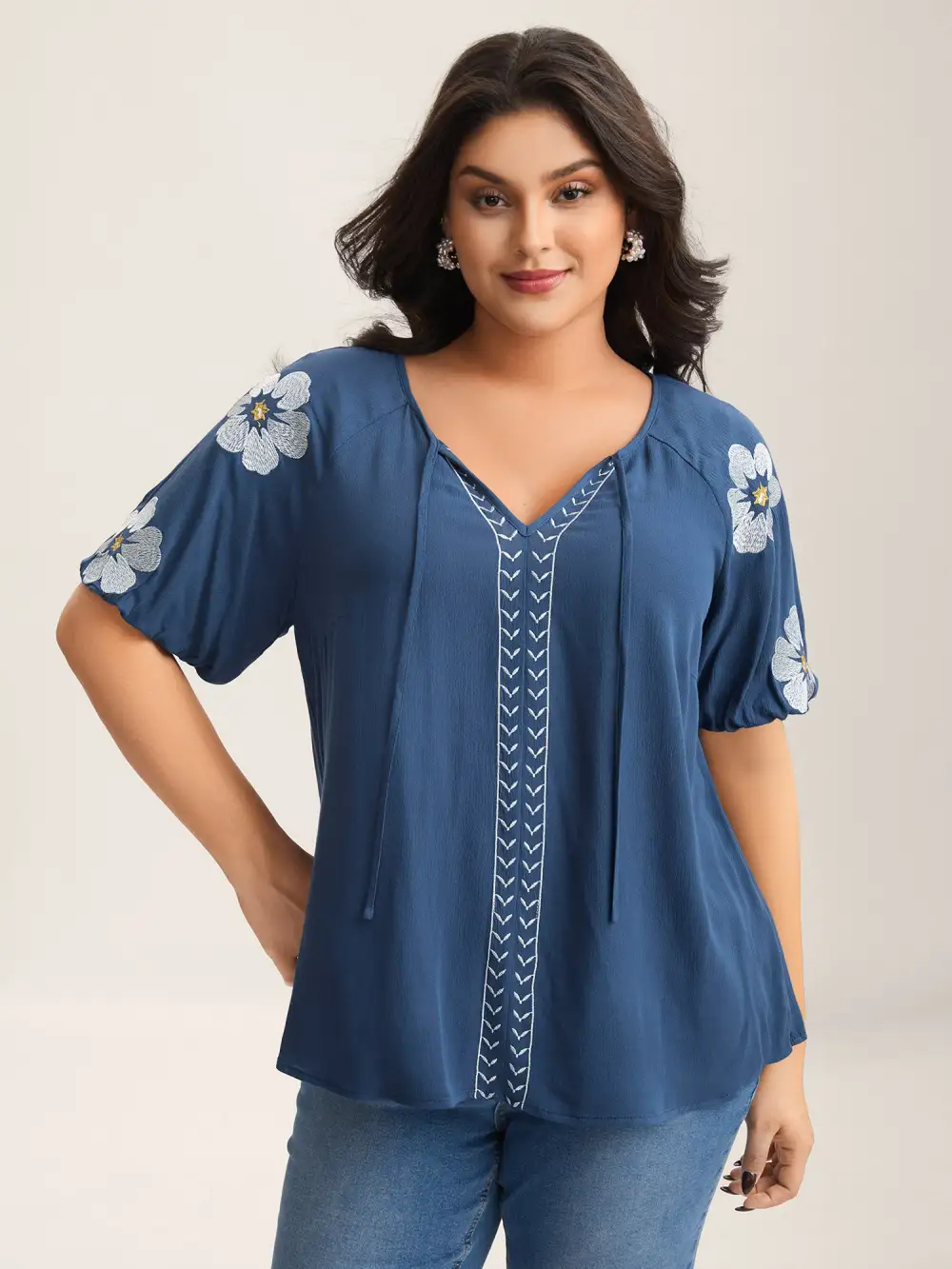 Floral Embroidery Textured Neck Tie Blouse