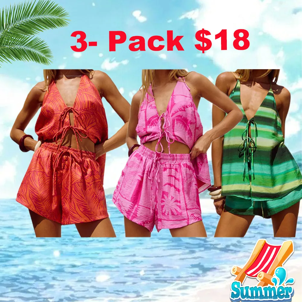 Women Shorts Set, Tree/Stripes Print Tie-up Vest with Shorts Summer Outfit for Party Club