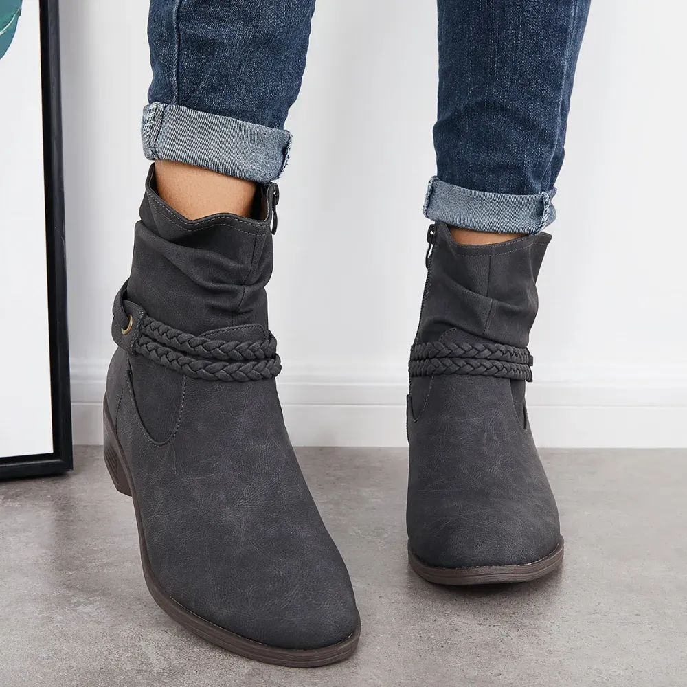 Slouchy Ankle Boots Braided Strap Chunky Block Heel Booties