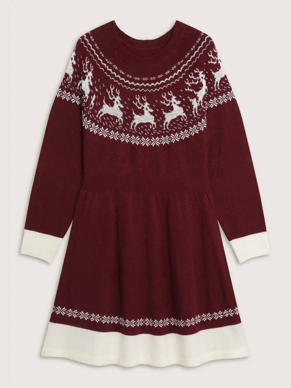 Reindeer Print Cinched-Waist Sweater Midi Dress