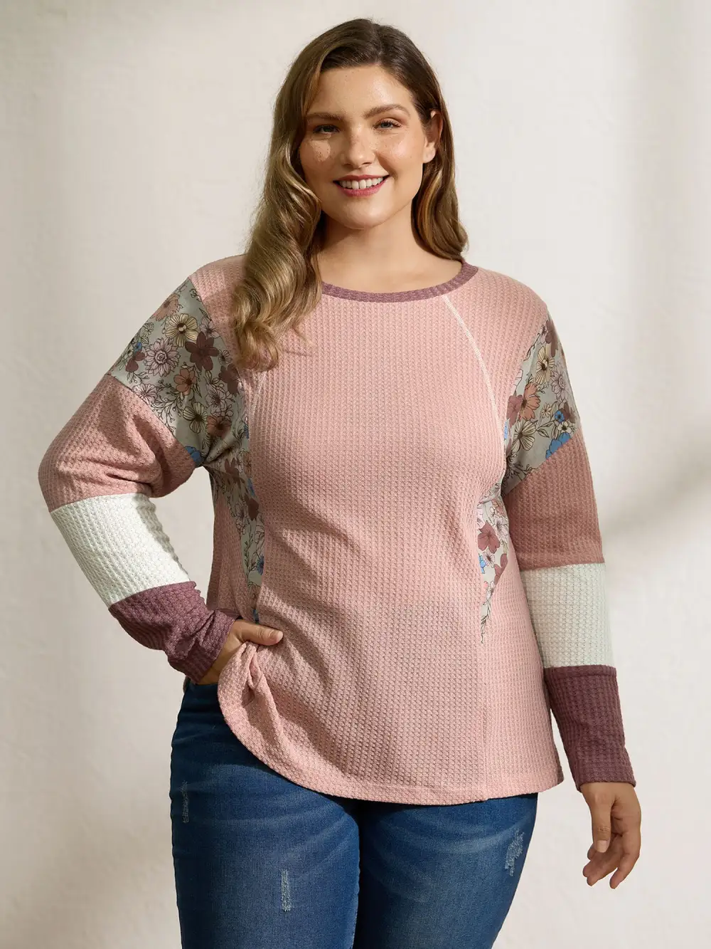 Floral Colorblock Waffle Round Neck Sweatshirt