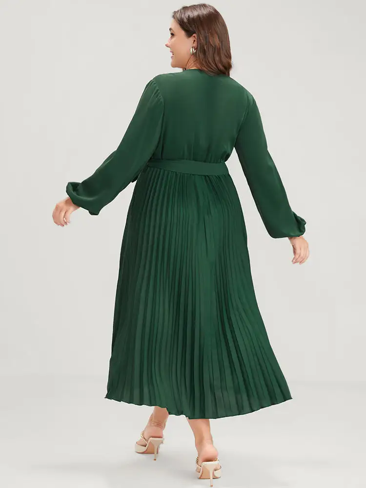Solid Lantern Sleeve Belted Pleated Wrap Dress