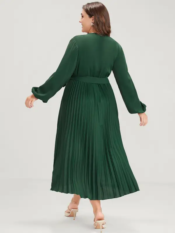 Solid Lantern Sleeve Belted Pleated Wrap Dress