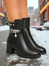 Women's Brown Warm Faux Fur Lined Ankle Boots with Heel, Stylish and Comfortable for Winter and Casual Wear.