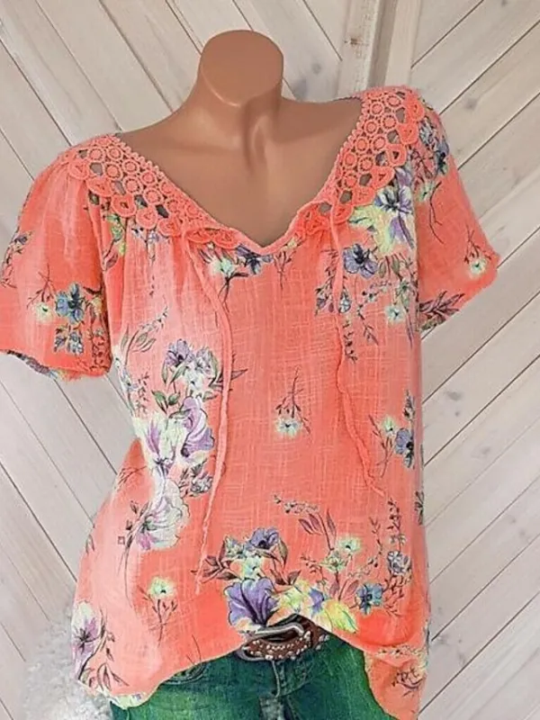 Women's Shirt Blouse Floral White Pink Blue Lace up Print Short Sleeve Casual Holiday Basic V Neck Regular Fit