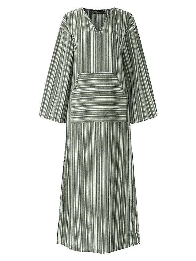 Women's Cotton Linen Maxi Tartan Dress Casual Split Neck Rolled Cuff Long Sleeve Spring Summer