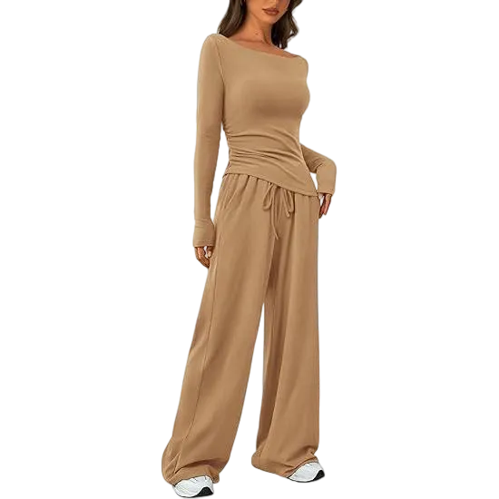 Women's 2-Piece Lounge Set – Asymmetrical Long Sleeve Top & Wide-Leg Pants, Casual Minimalist Tracksuit