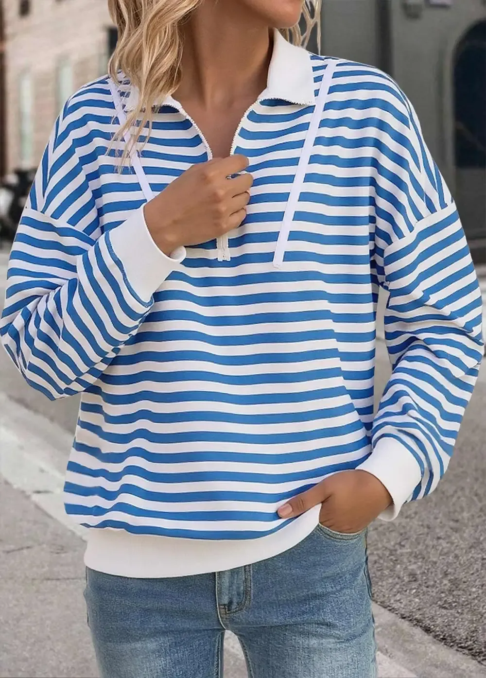 Blue Tummy Coverage Striped Long Sleeve Sweatshirt