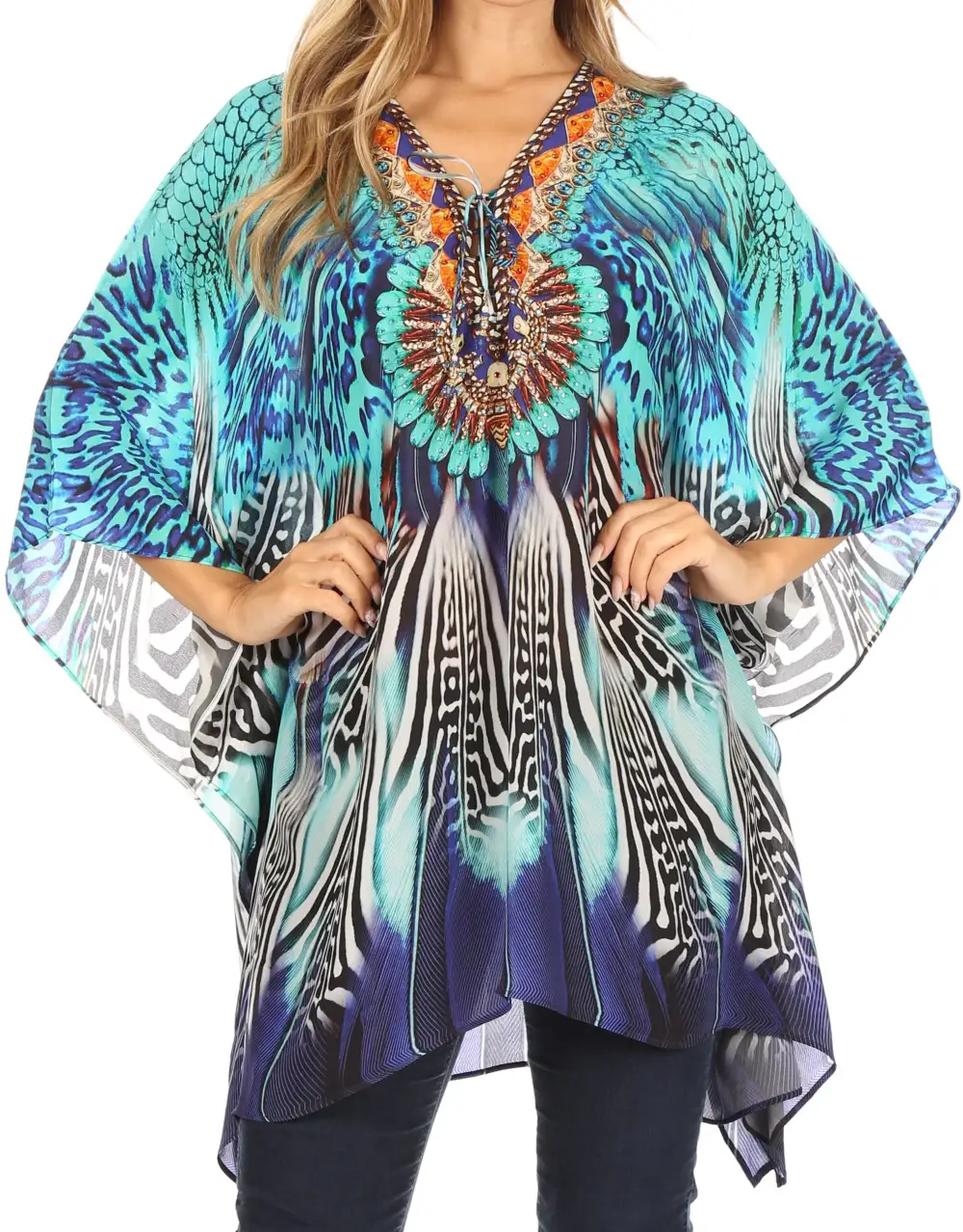Women's Caftan Poncho Cover up V neck Top Lace up With Rhinestone