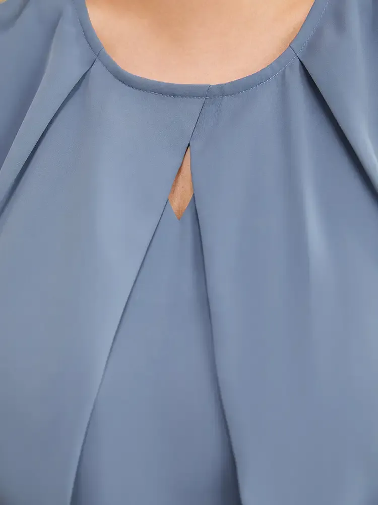 Solid Pleated Detail Keyhole Puff Sleeve Blouse