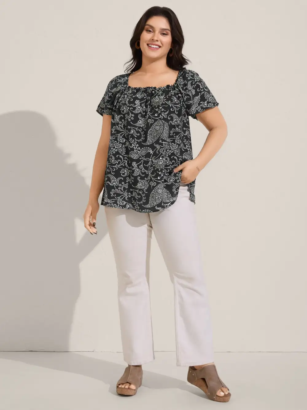 Floral Print Shirred Neck Flowy Blouse