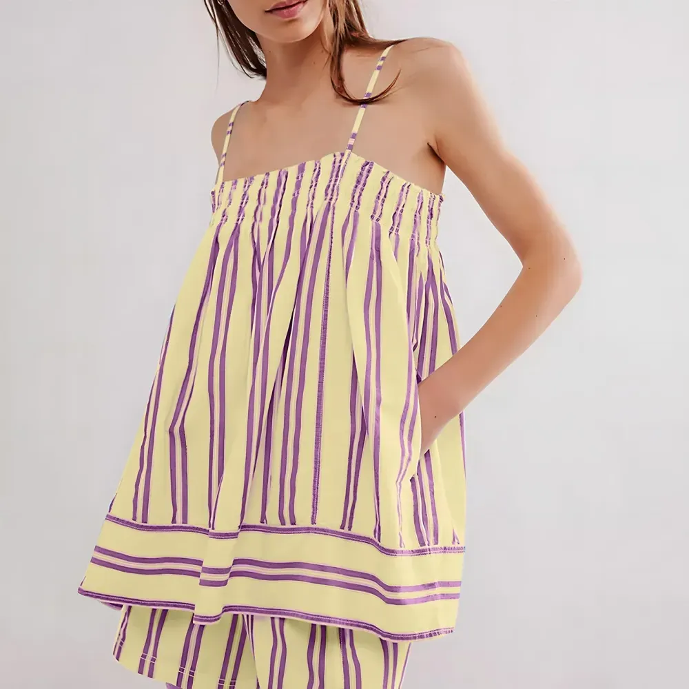 ✨Women 2 Piece Camisole Babydoll Top Tank Striped Boxer Shorts Matching Pjs Outfit Lounge Sets