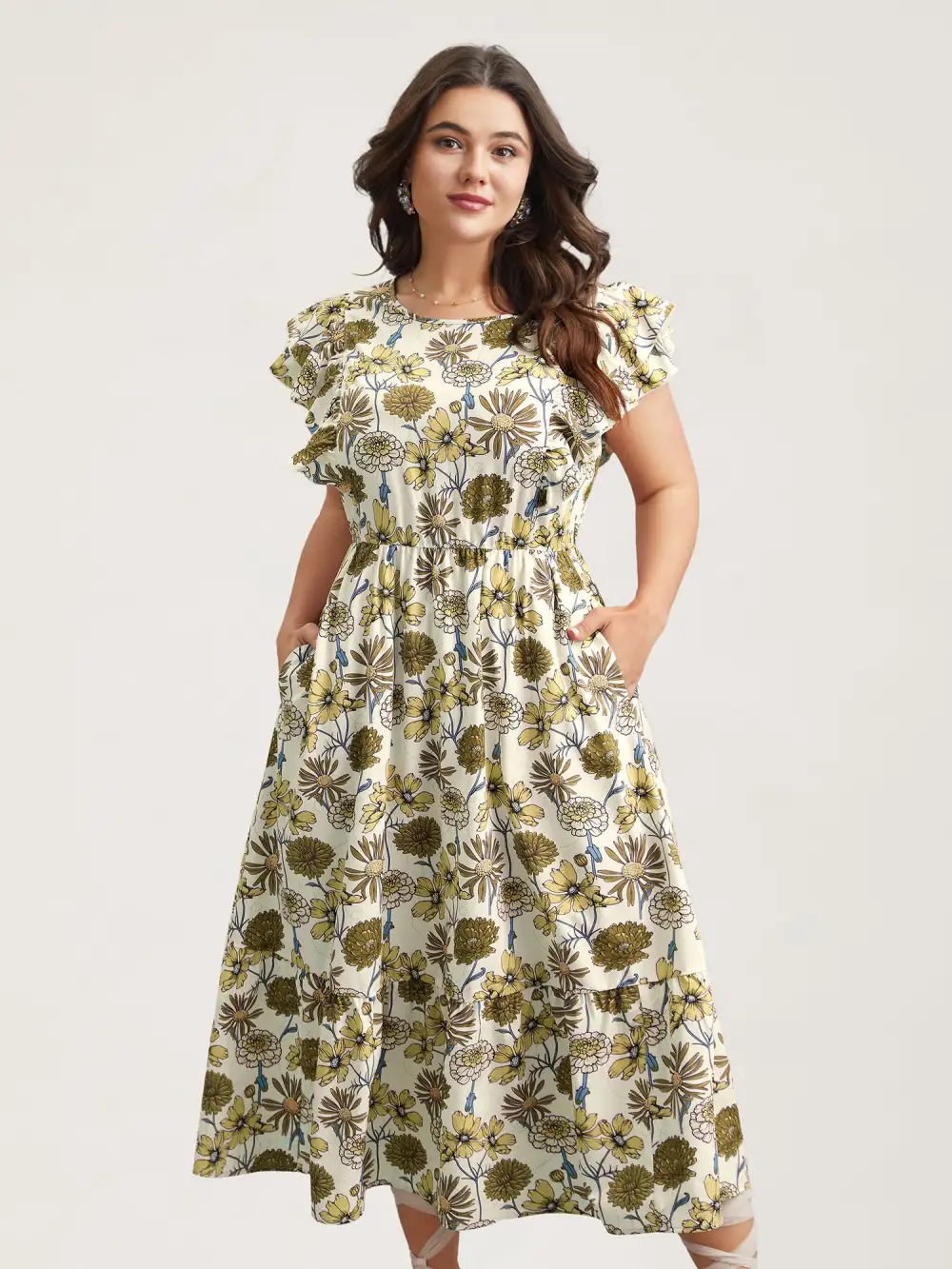 Ruffled Floral Print Stretchy-Waist Midi Dress