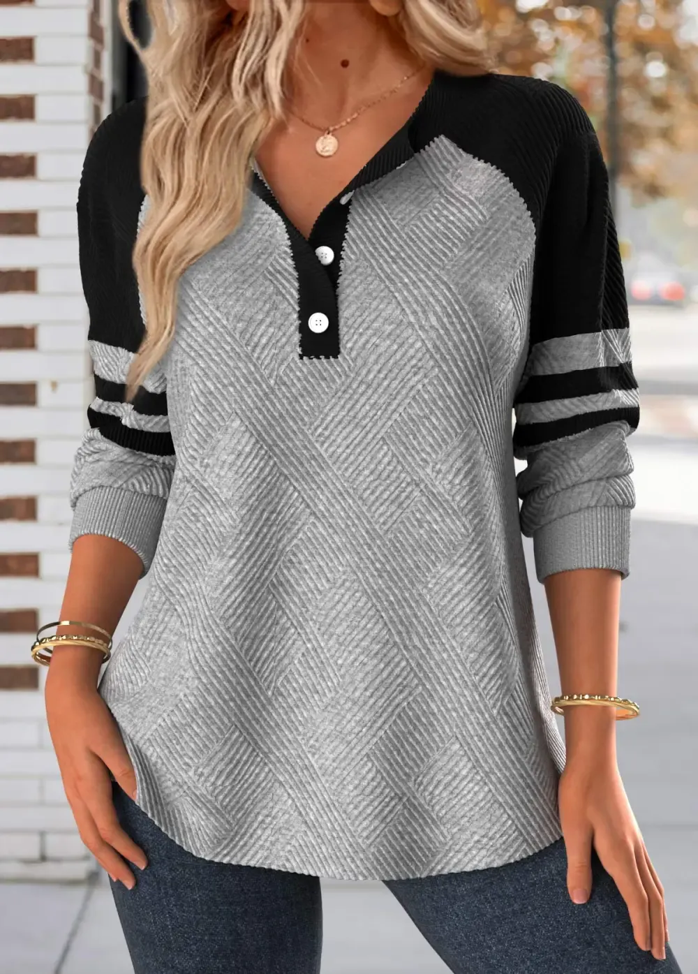 Light Grey Button Long Sleeve Split Neck Sweatshirt