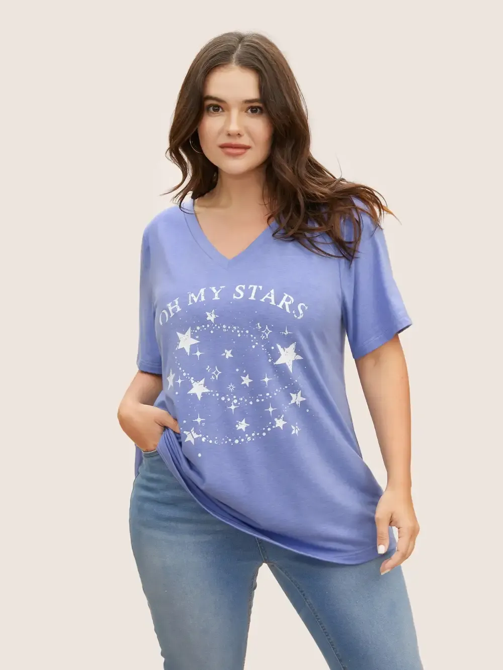 Moon And Star Print V Neck T-Shirt