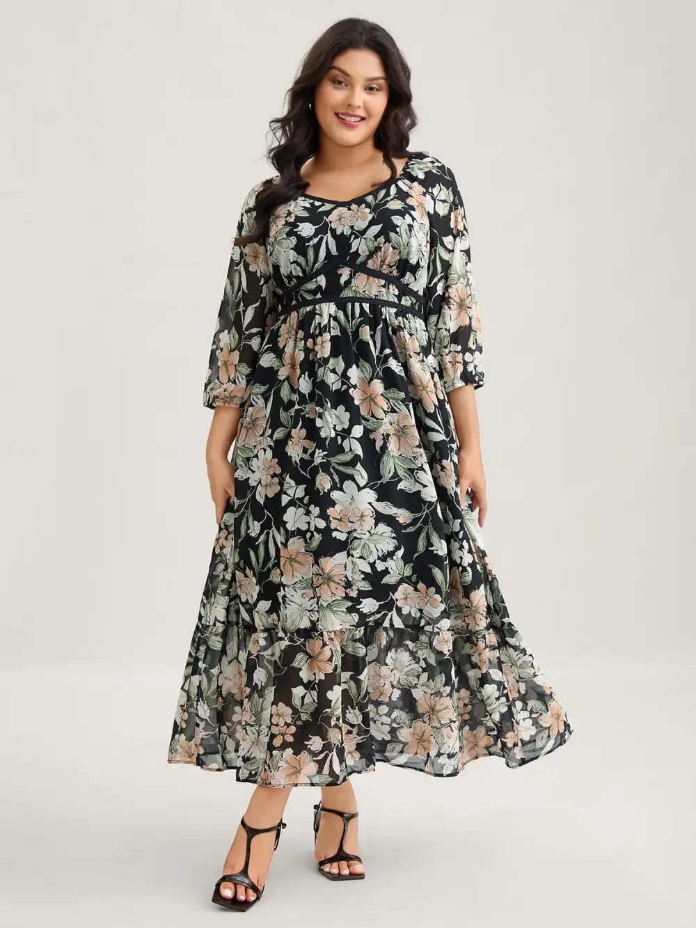 Floral Heart Neckline Woven Ribbon Gathered Dress