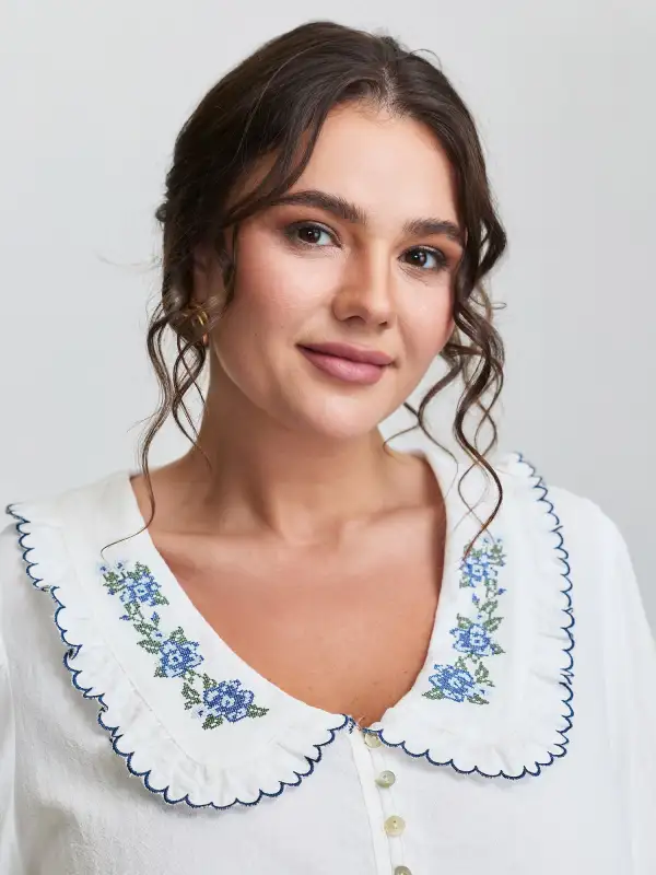 Pure Cotton Embroidered Doll Collar Blouse