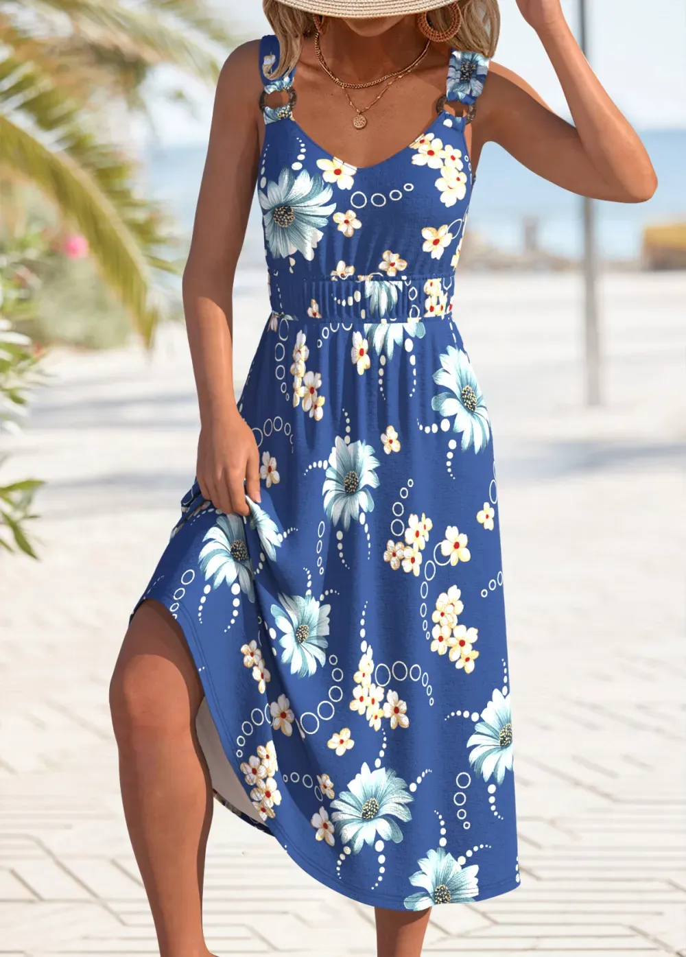 Blue Circular Ring Floral Print Strappy V Neck Dress