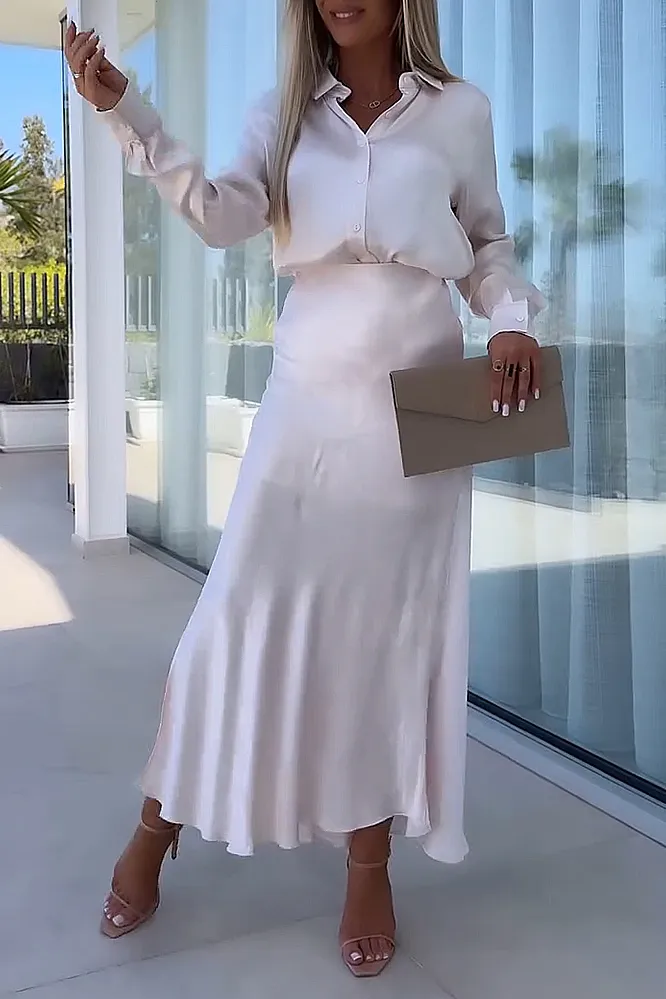 Women's solid color satin V-neck shirt and half skirt two-piece set