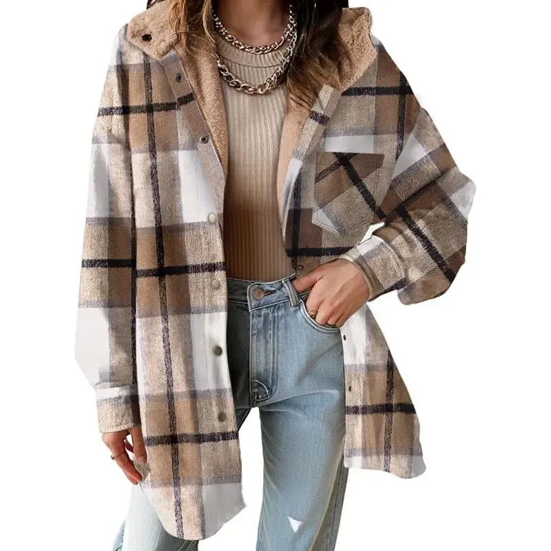 Flannel Hooded Plaid Shacket - Button-Down Thick Fleece-Lined Fuzzy Winter Coat