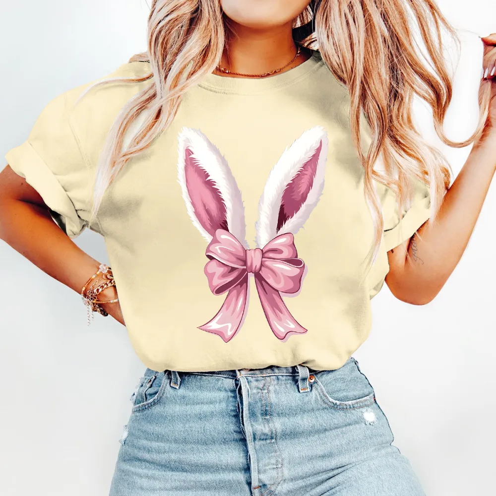 T-shirt Pink Bow Bunny Ears Women Printed Round Neck Short Sleeve