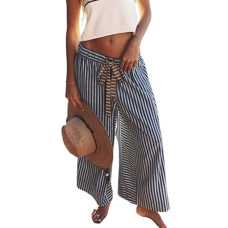 Women’s Striped Wide-Leg Pants-Drawstring, Loose Fit, Pockets