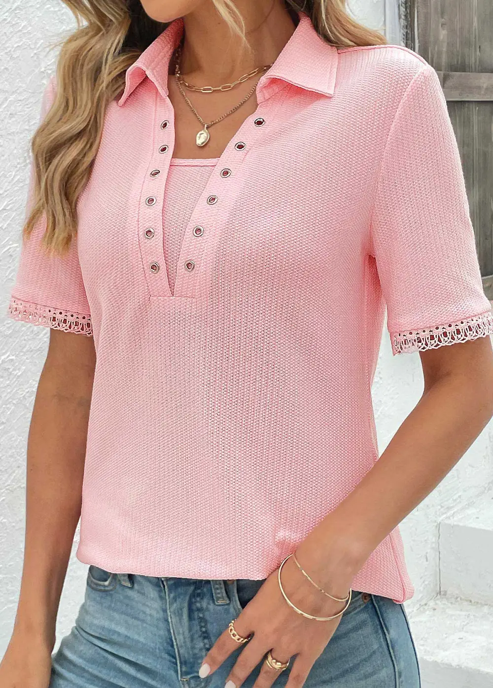 Pink Eyelet Short Sleeve T Shirt
