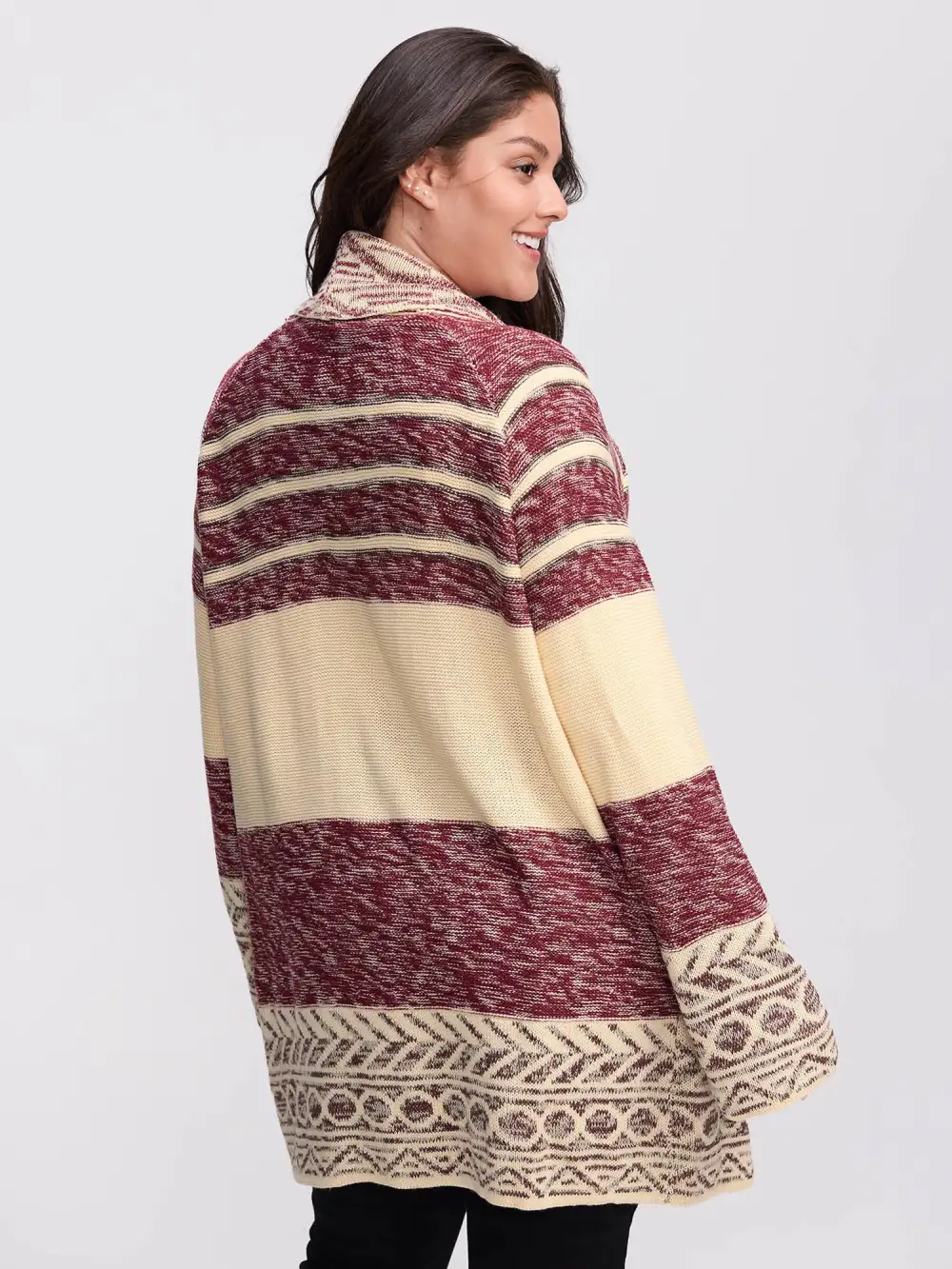 Boho Striped Jacquard Open-Front Knit Cardigan