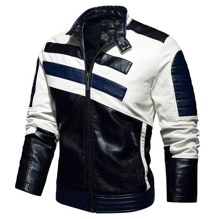 Casual Stand Collar Stitching Men's Leather Jacket