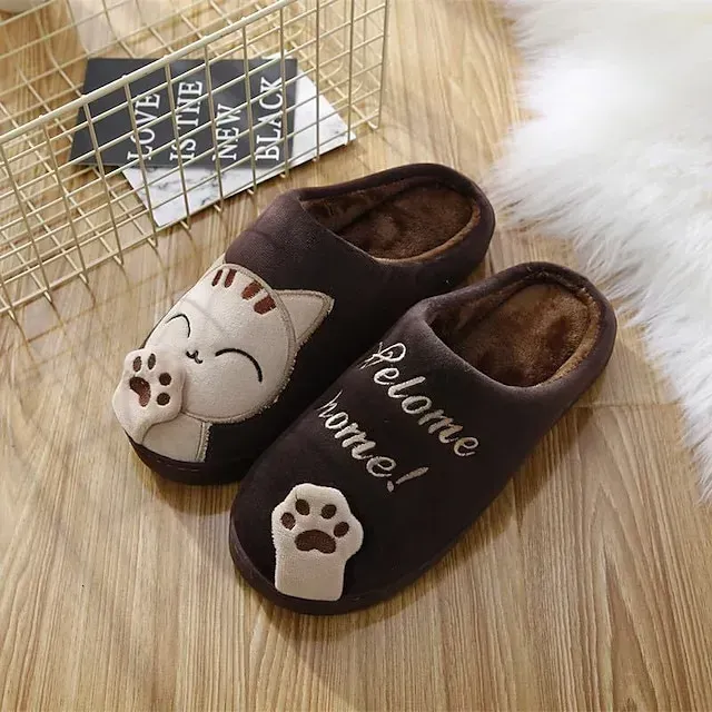 Women's Cute Cat Slippers with Plush Lining for Indoor Comfort - Welcome Home Design