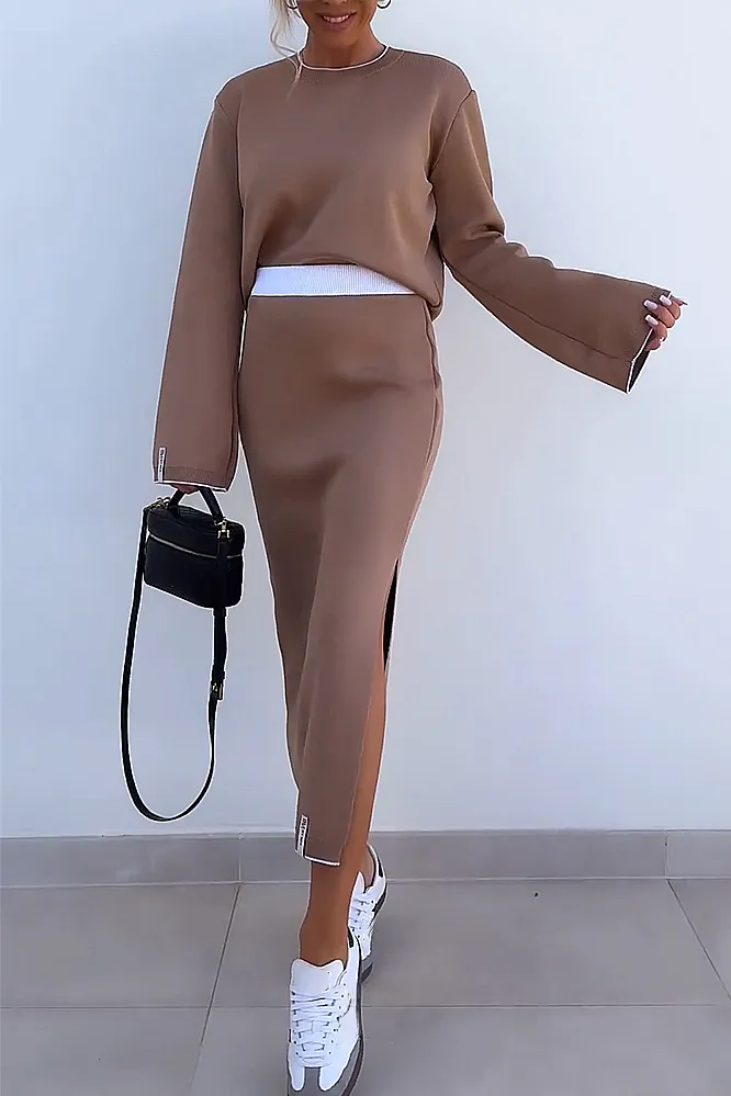 Women's solid color contrasting round neck top and skirt two-piece set