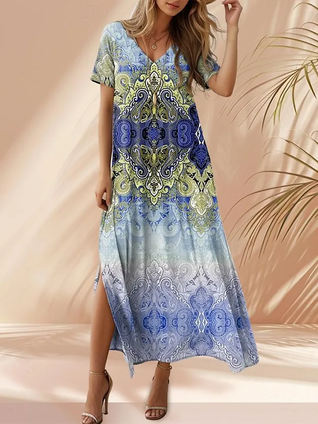 Women's Casual Dress Graphic Tribal Split Hem V Neck Maxi Dress Boho Vacation Short Sleeve Summer