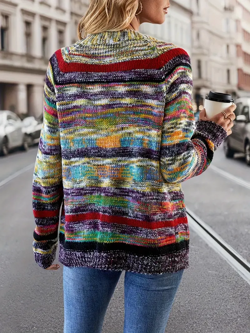 Cozy Rainbow Stripe Knit Cardigan: Durable Women's V-neck Casual Sweater with Pockets for Fall/Winter