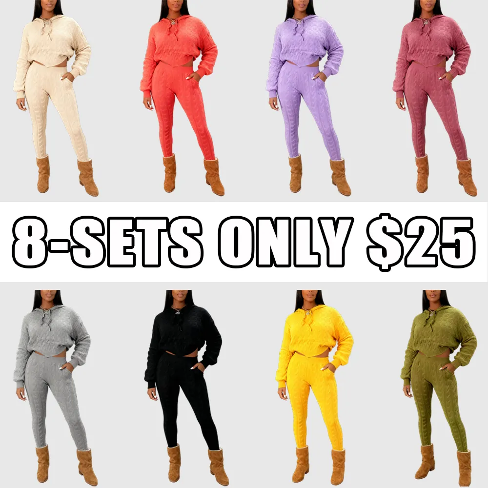 Two-piece Set Women's Solid Drop Shoulder Cable Knit Crop Sweater & High Waist Pants