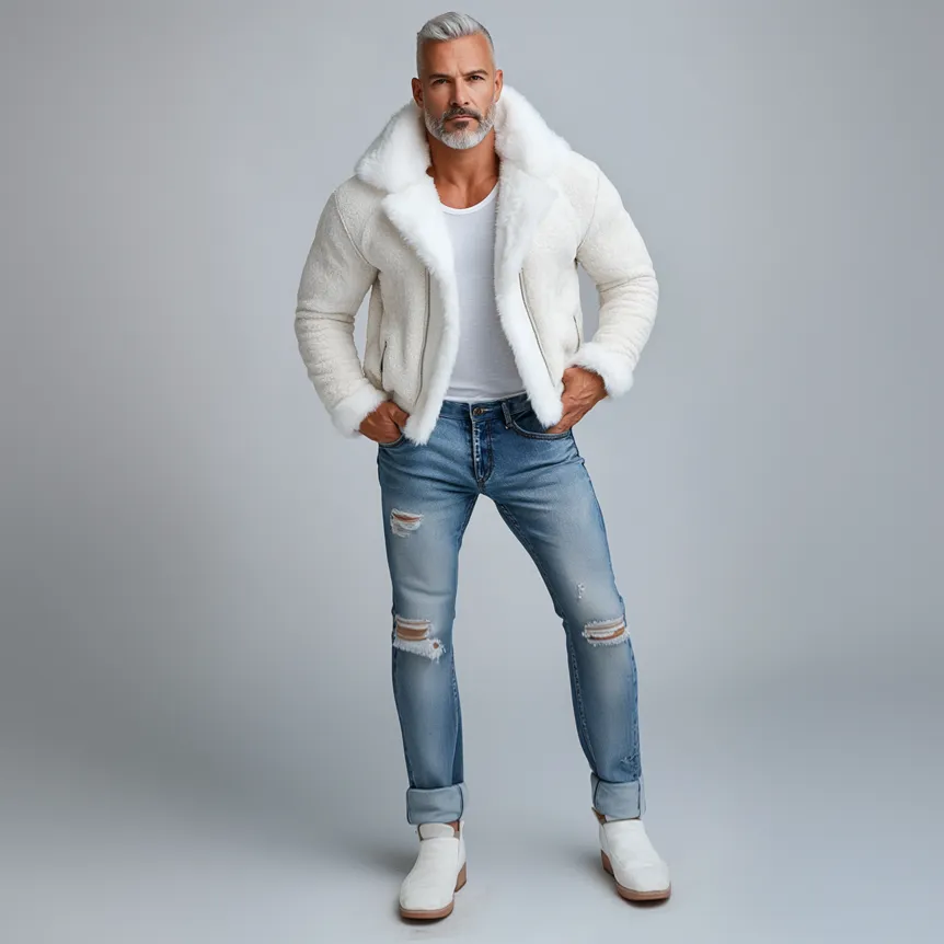 Men's Lapel Collar Zipper Plush Splicing Coat