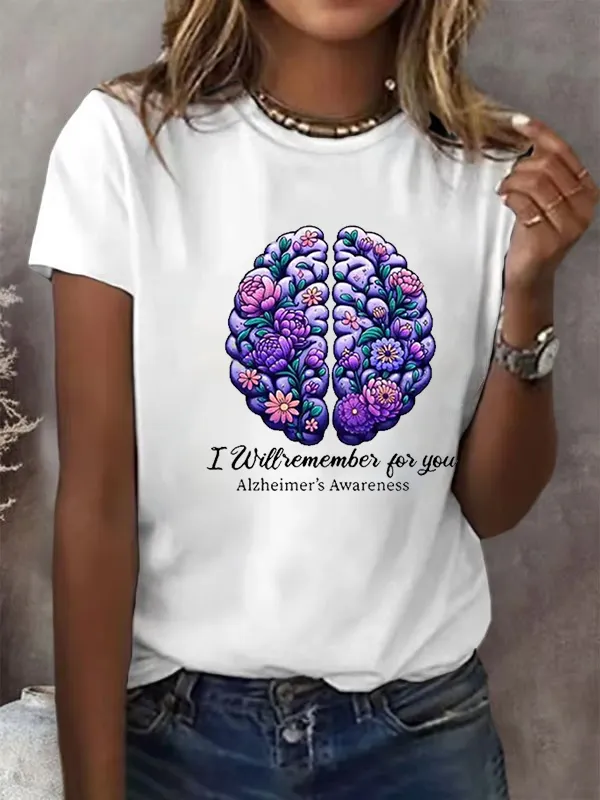 Women'S Alzheimer'S Awareness I Will Remember For You Floral Printed Short Sleeve T-Shirt