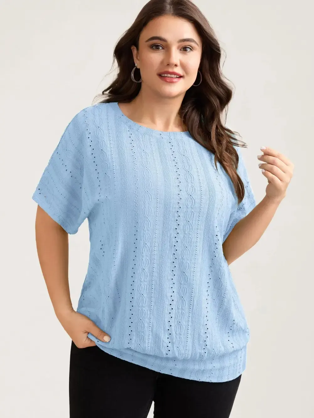 Eyelet Trim Stretchy Textured Plain Top