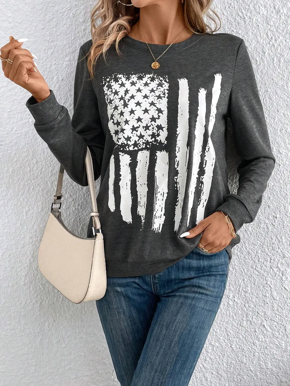Women's Casual US Flag Print Loose Fit Round Neck Long Sleeve Sweatshirt, Spring Autumn