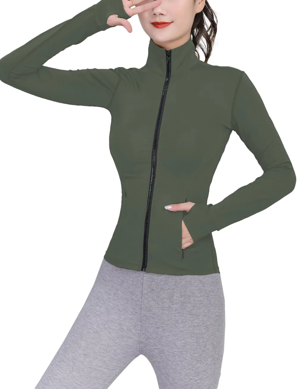 Womens Lightweight Full Zip Running Track Jacket Workout Slim Fit Yoga Sportwear with Thumb Holes