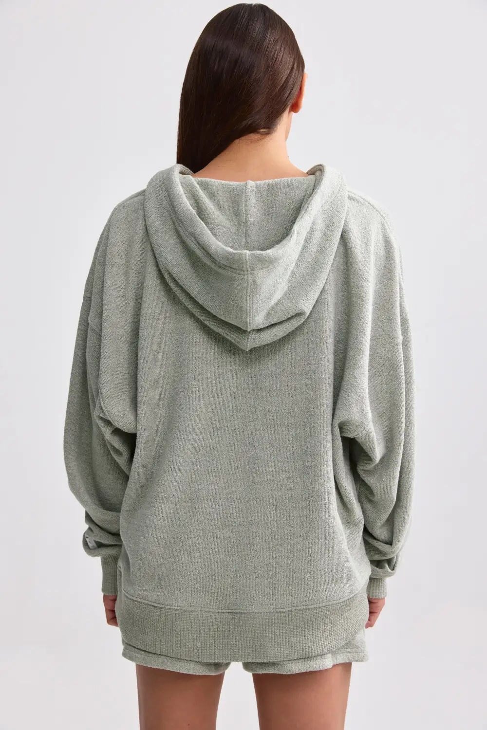 Terry Towelling V-Neck Hoodie in Sage Grey