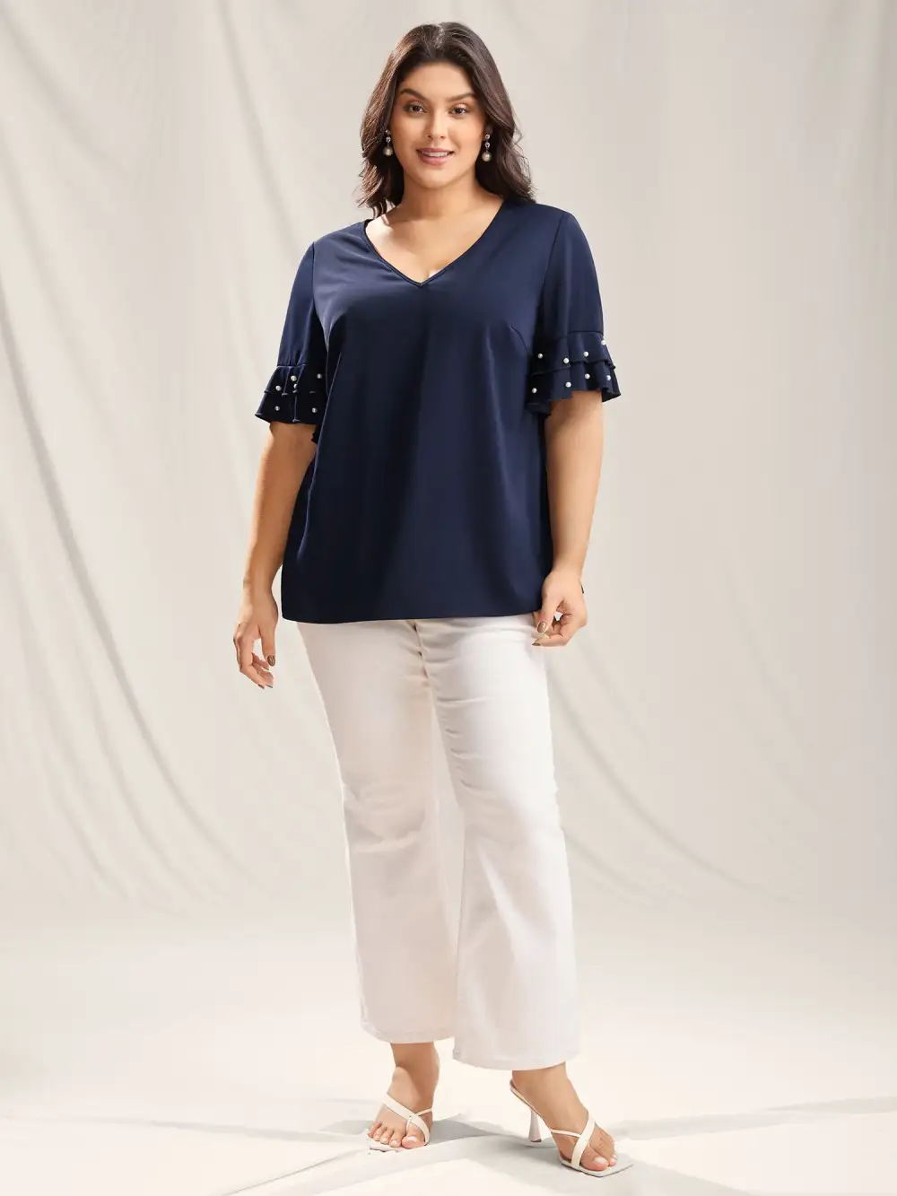 Beaded Layered Sleeve Plain Blouse