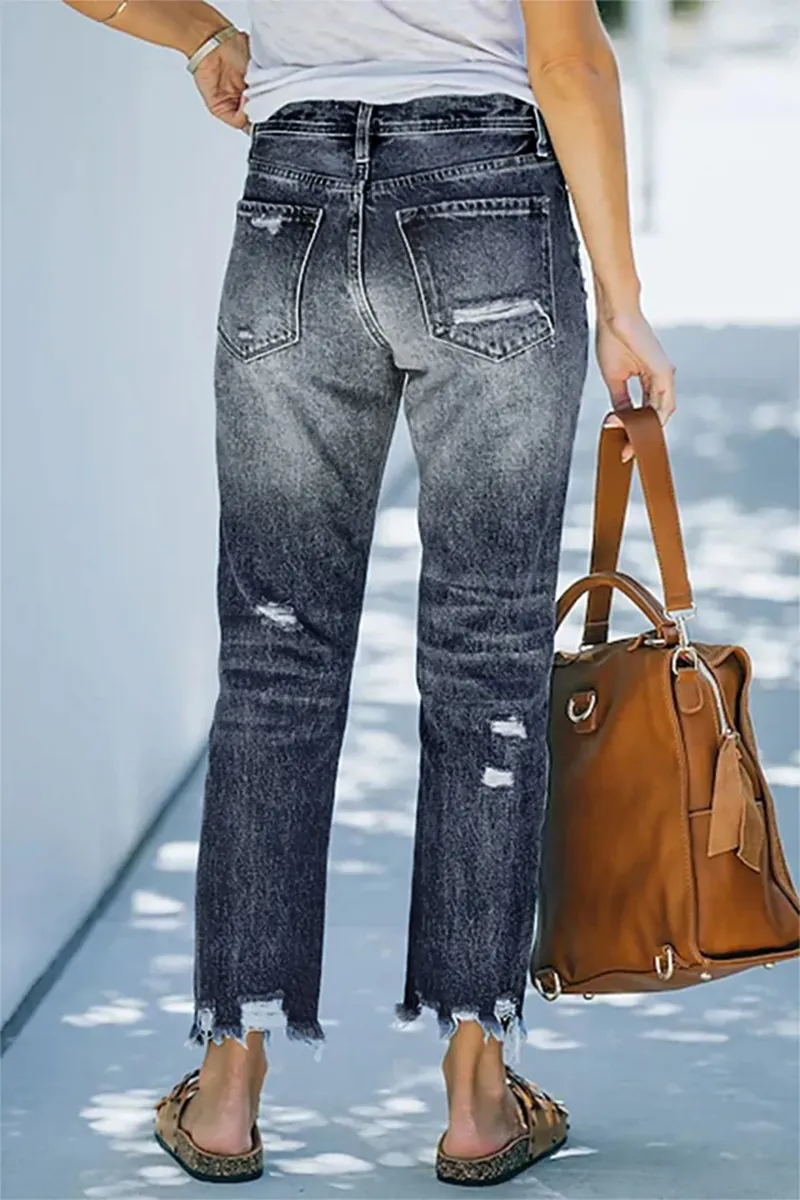 Ripped Raw Hem Zip Fly Jeans