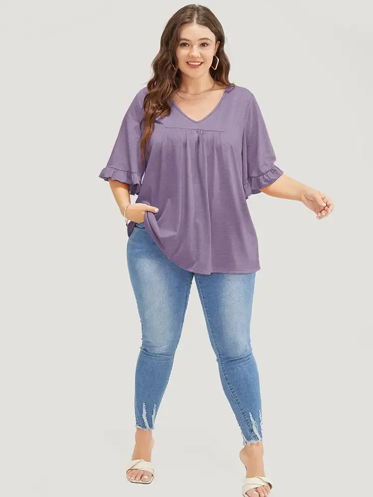 Solid Gathered Ruffle Trim Flounce Sleeve T-shirt