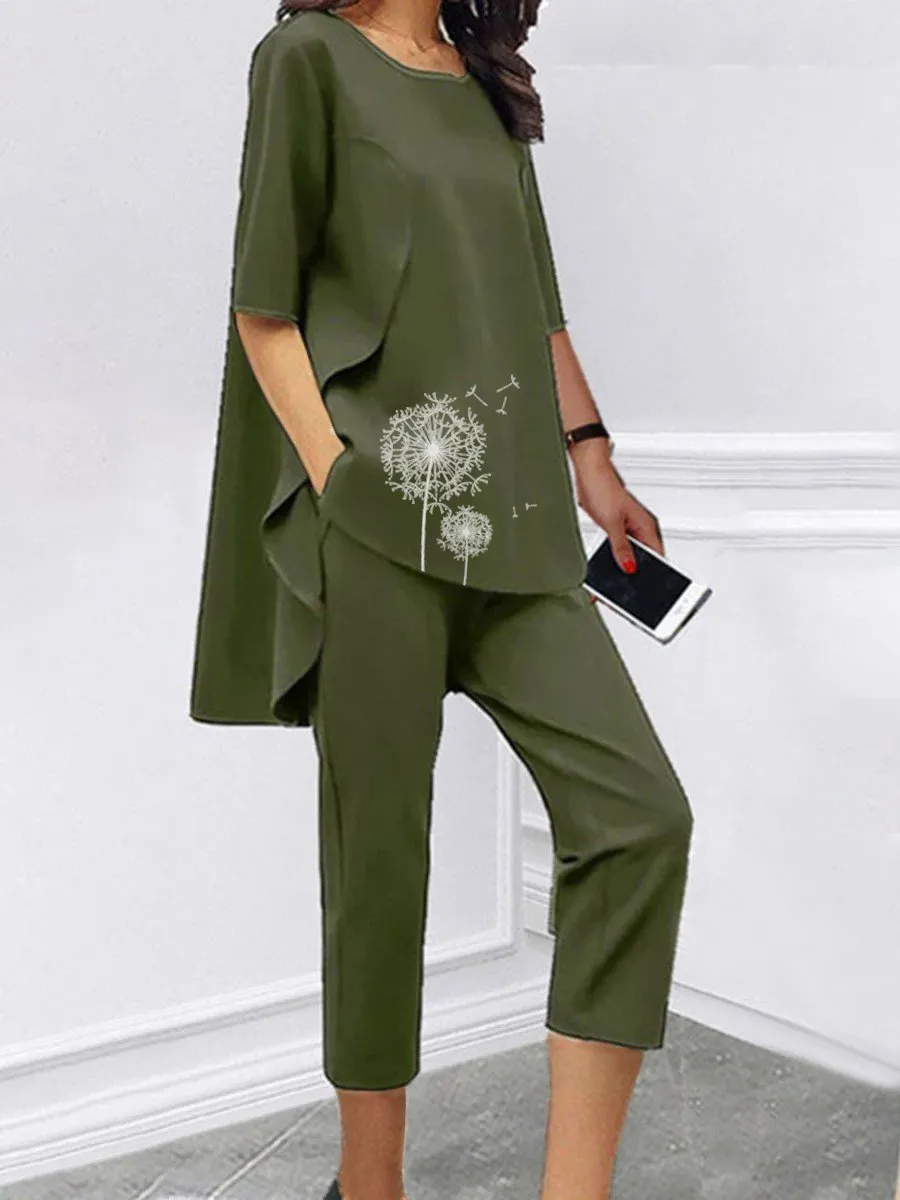 Loose Short Sleeve Casual Printed Seven-Piece Two-Piece Suit